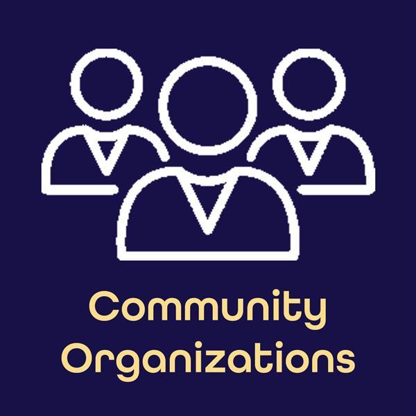 Navy blue square with white outline of three person icon with the words Community Organizations in gold  